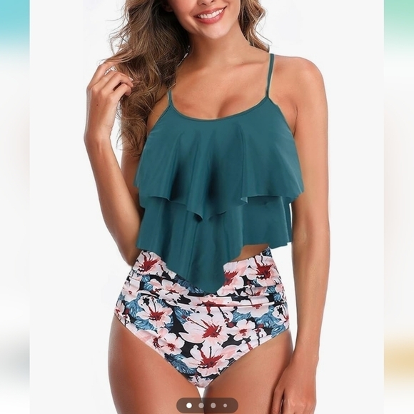 Womens Tankini Swimsuit Ruffled Top with High Waisted Bottoms•Large - Picture 4 of 10